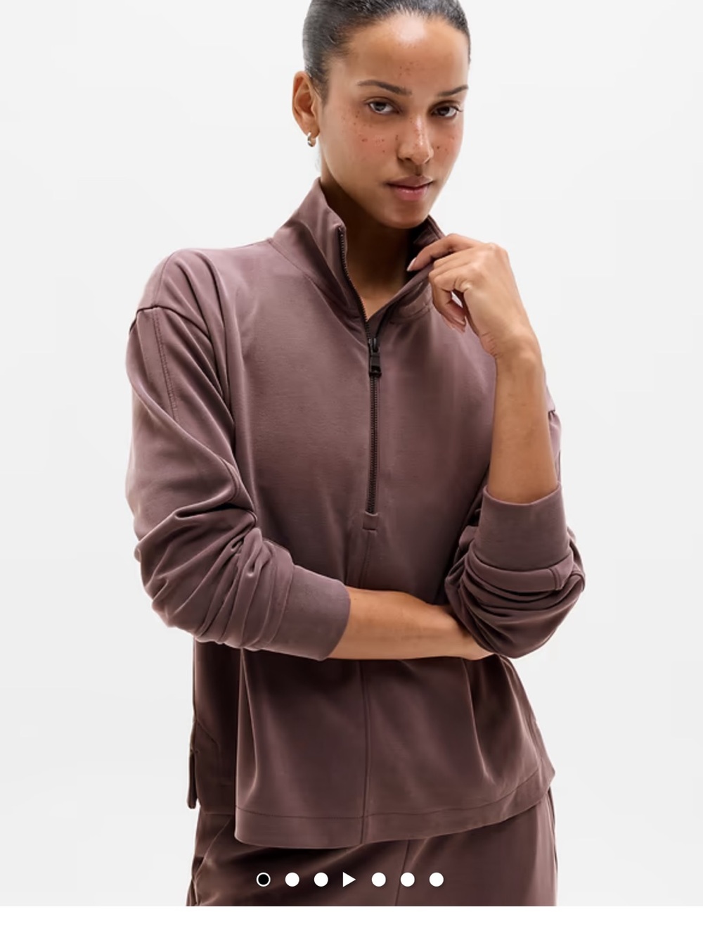 Athleta Seasoft Quarter-Zip Pullover in a soft taupe shade size medium